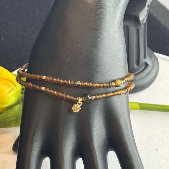 Express Set of 2 Stretch Beaded Bracelet in Brown and Gold Tone - Picture 2 of 5